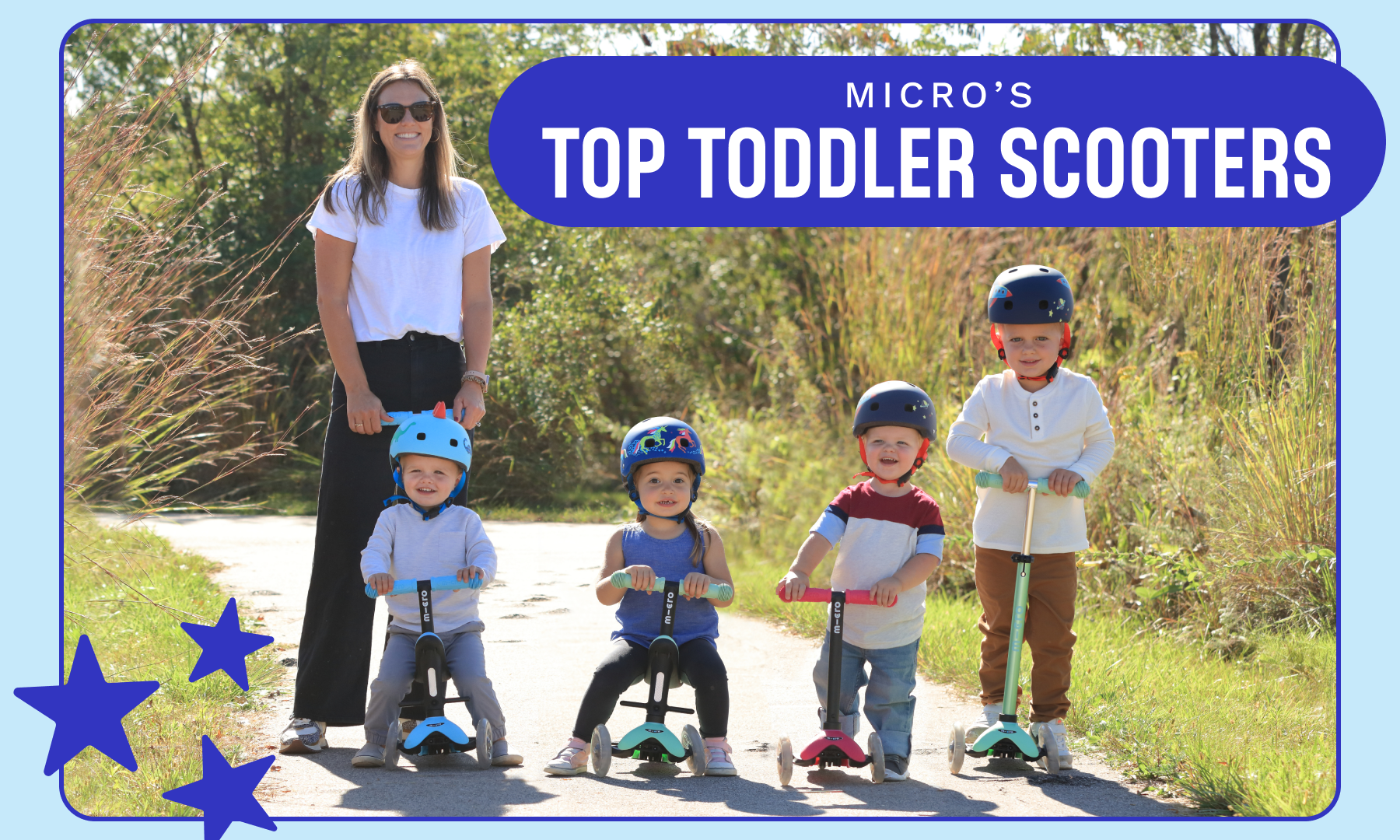Cover for Micro's Top Toddler Scooters blog post showing a family of kids on Micro Mini Scooters.