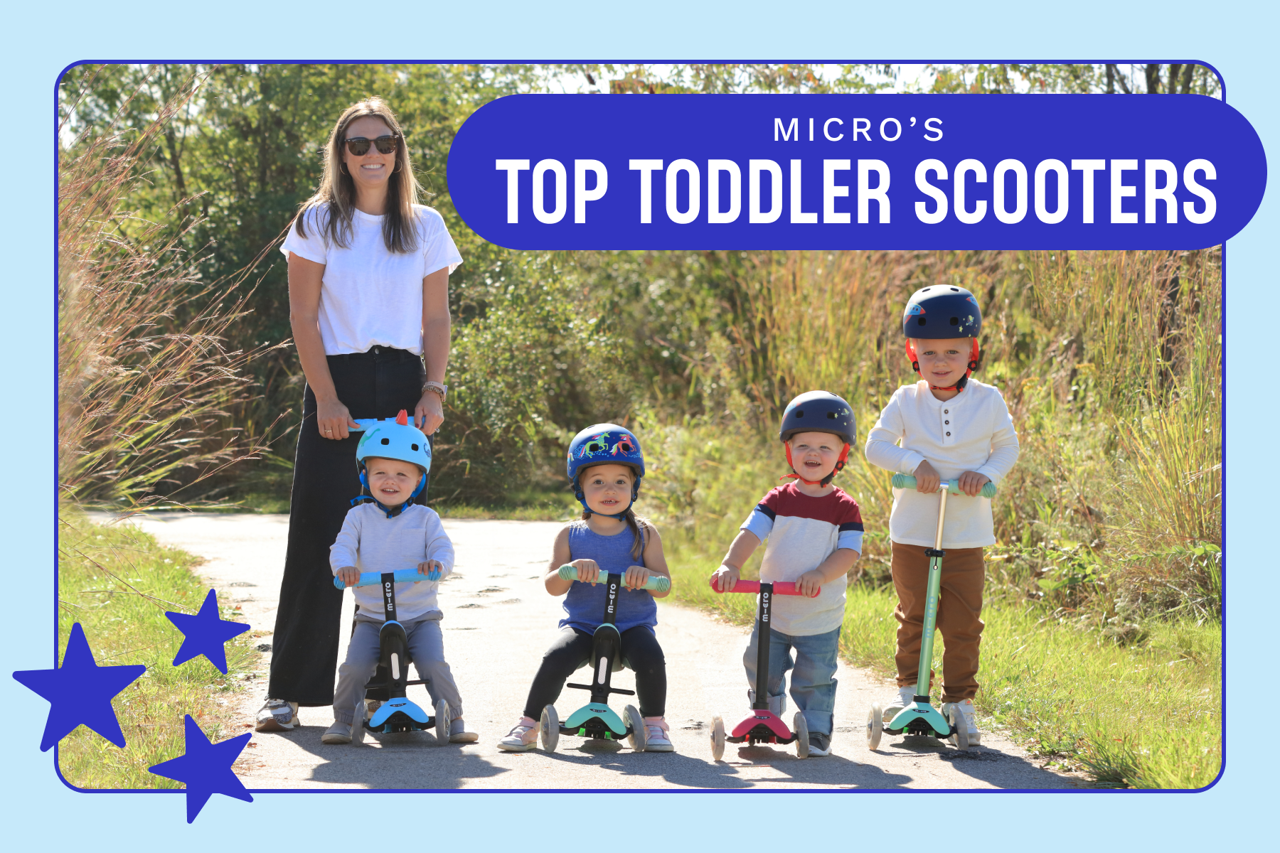 Cover for Micro's Top Toddler Scooters blog post showing a family of kids on Micro Mini Scooters.