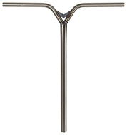 A silver T-bar scooter handlebar against a white background.