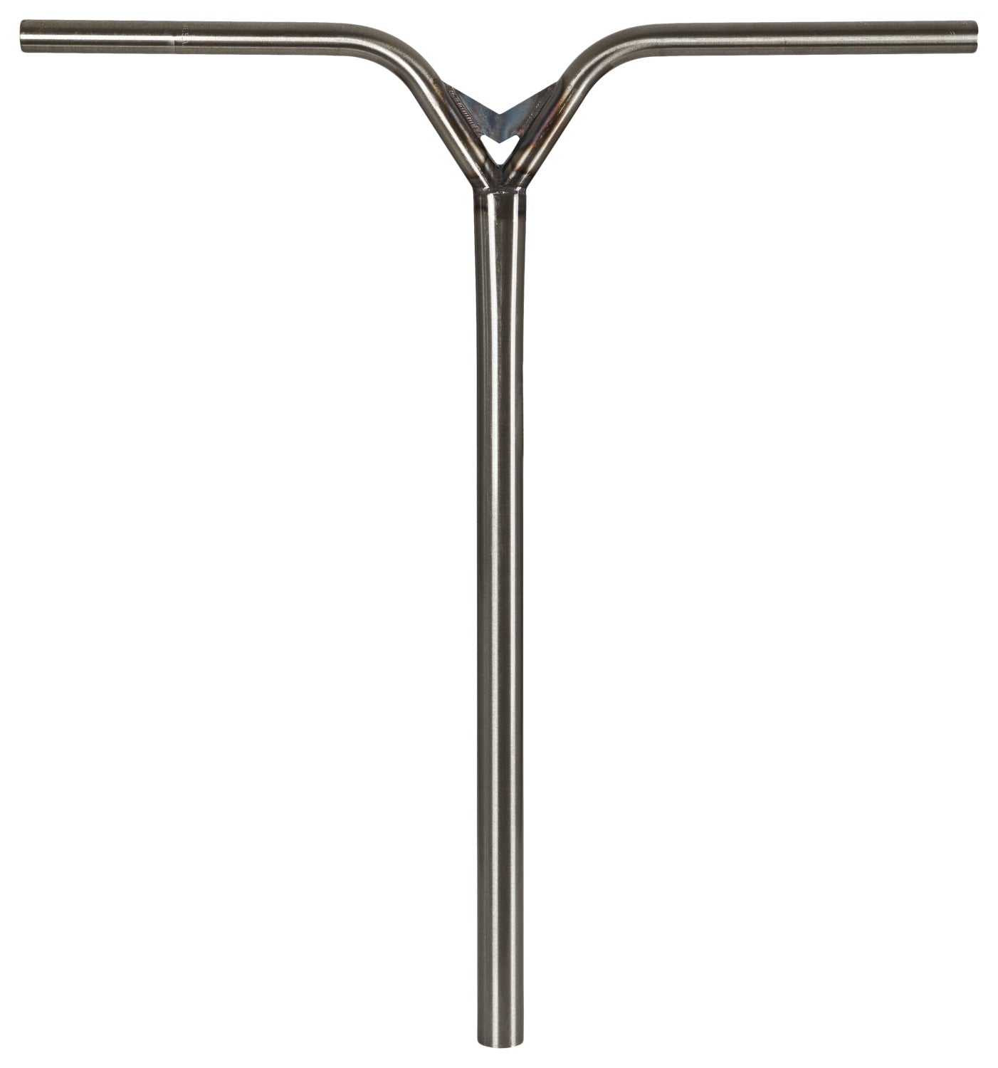 A silver T-bar scooter handlebar against a white background.