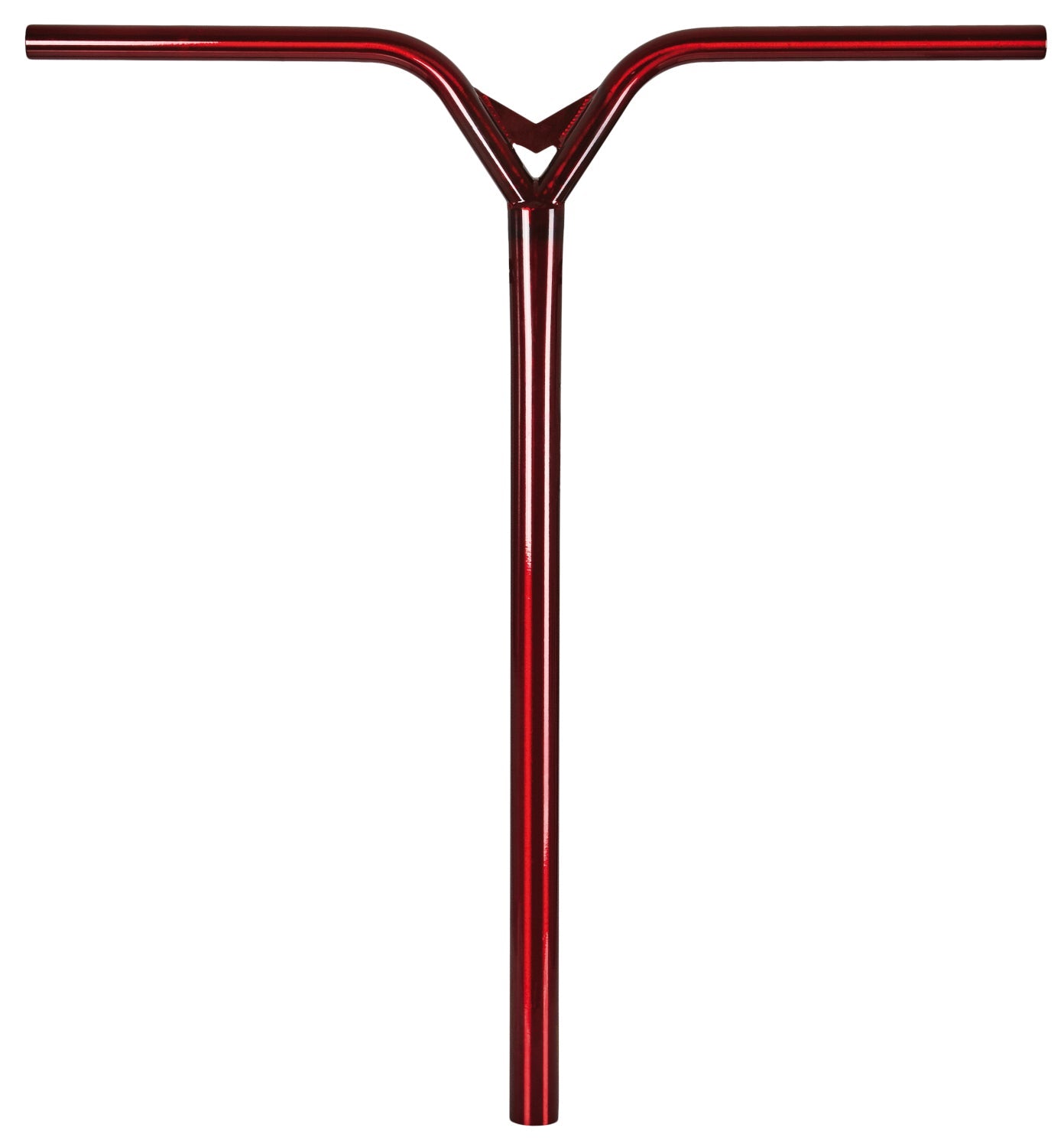 A red T-bar scooter handlebar against a white background.