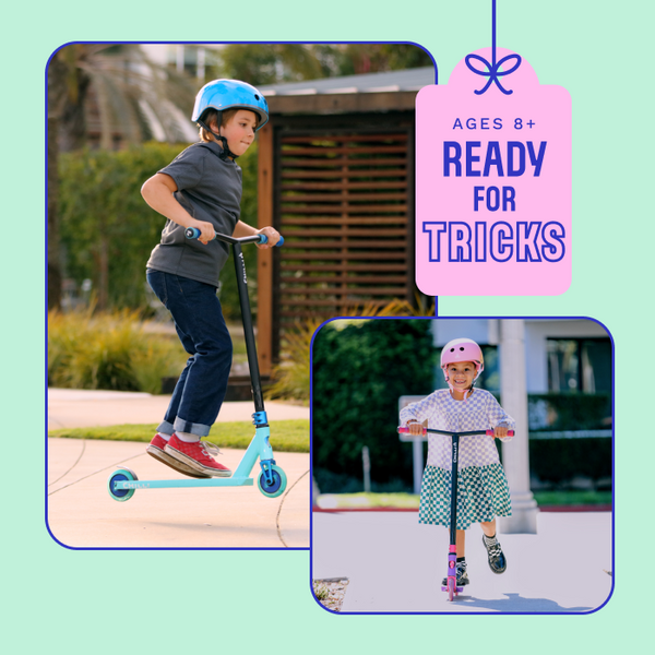 Collage of two children riding the Chilli Critter Scooter outside. 
