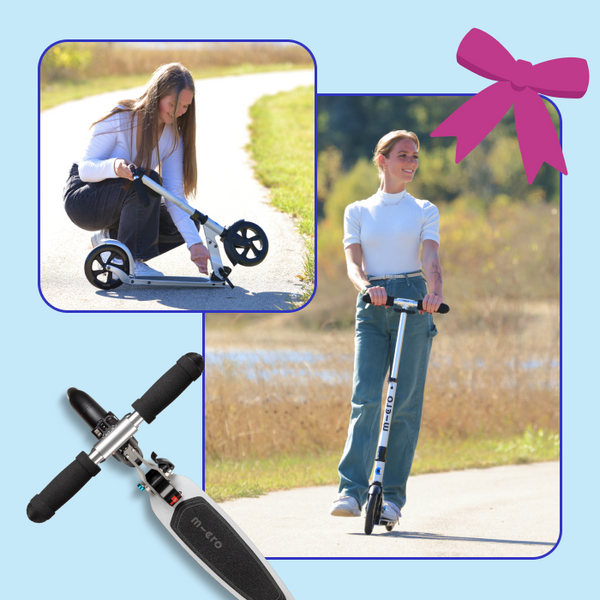 Collage of a woman riding the Micro Classic Matte Silver Scooter and another woman folding the scooter. 