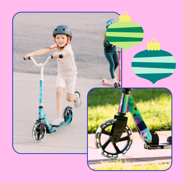 A collage of the Micro Cruiser LED Scooter, showcasing the LED wheels. 