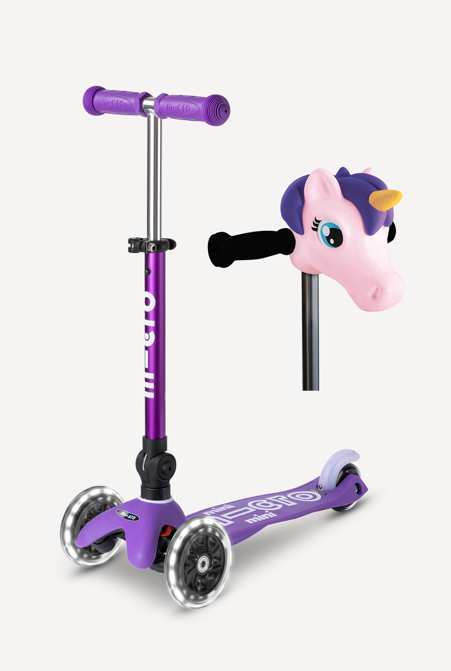 Micro Mini Foldable LED Scooter + Pink/Purple Unicorn ScootaHeadz Bundle