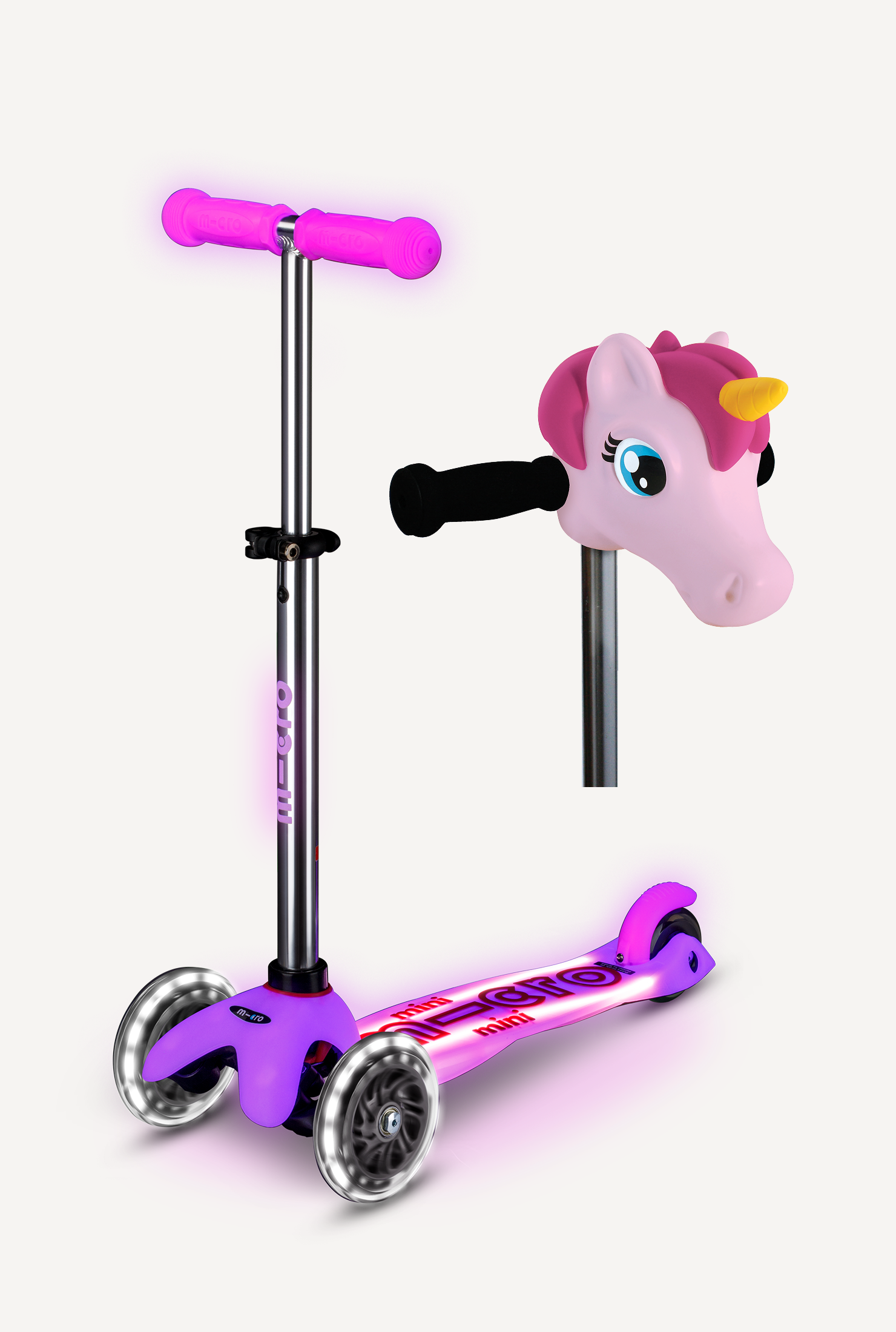 Micro Mini Glow Plus LED Frosty Pink + Pink Unicorn ScootaHeadz Bundle