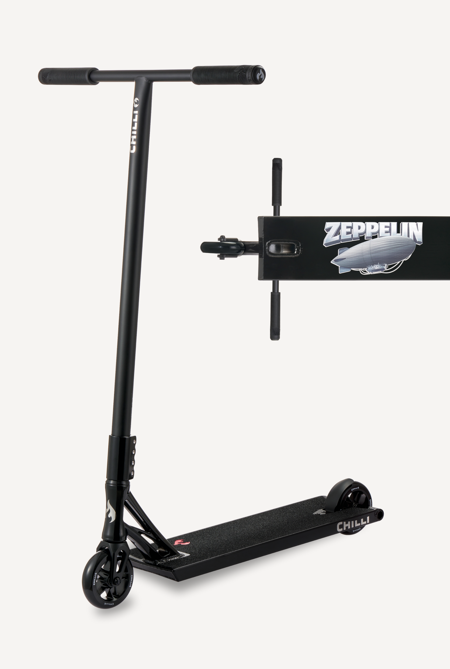 Black scooter with a 'Zeppelin' attachment on a white background