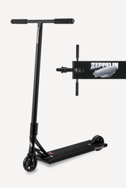 Black scooter with a 'Zeppelin' attachment on a white background