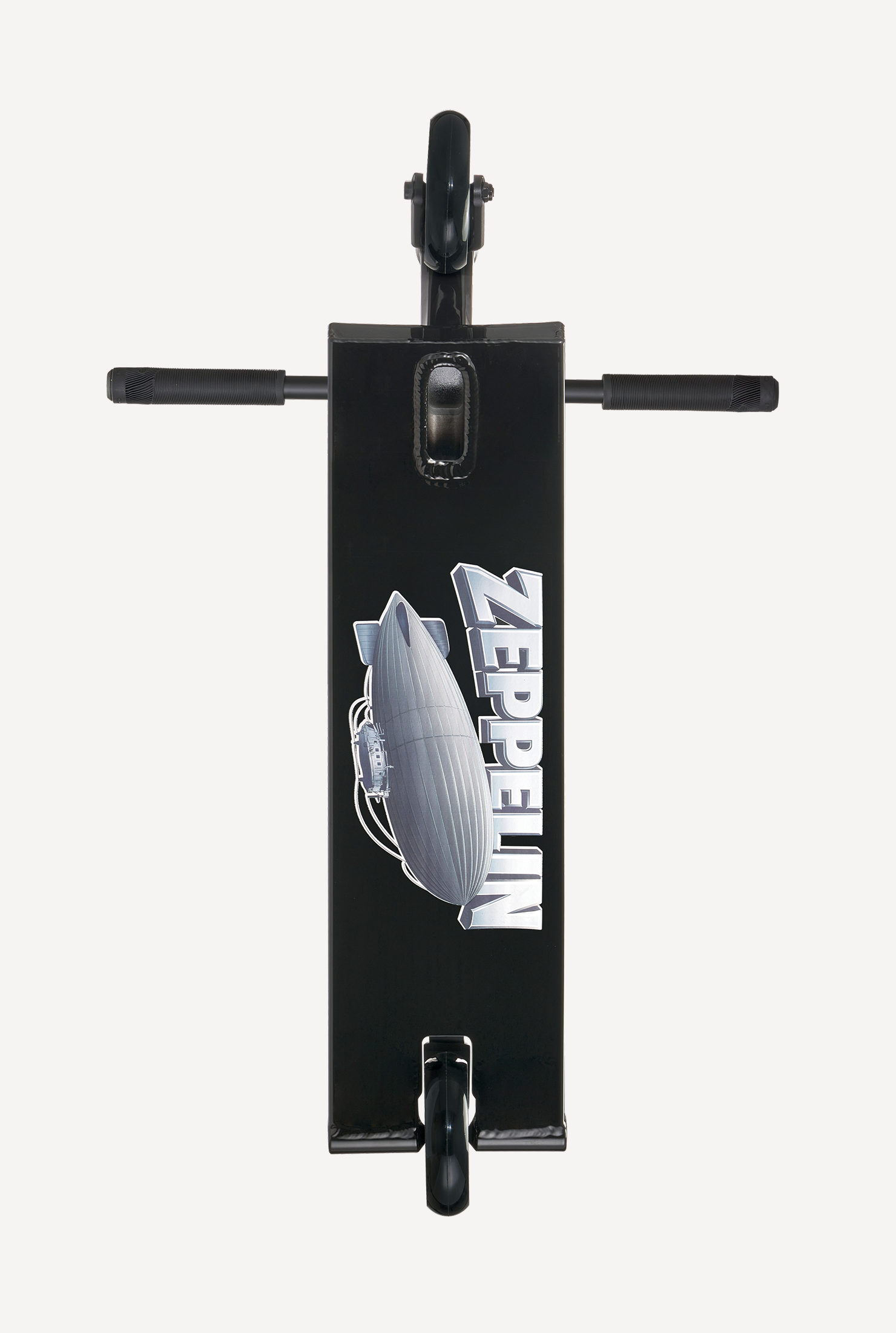 Black scooter deck with 'Zeppelin' branding on a white background