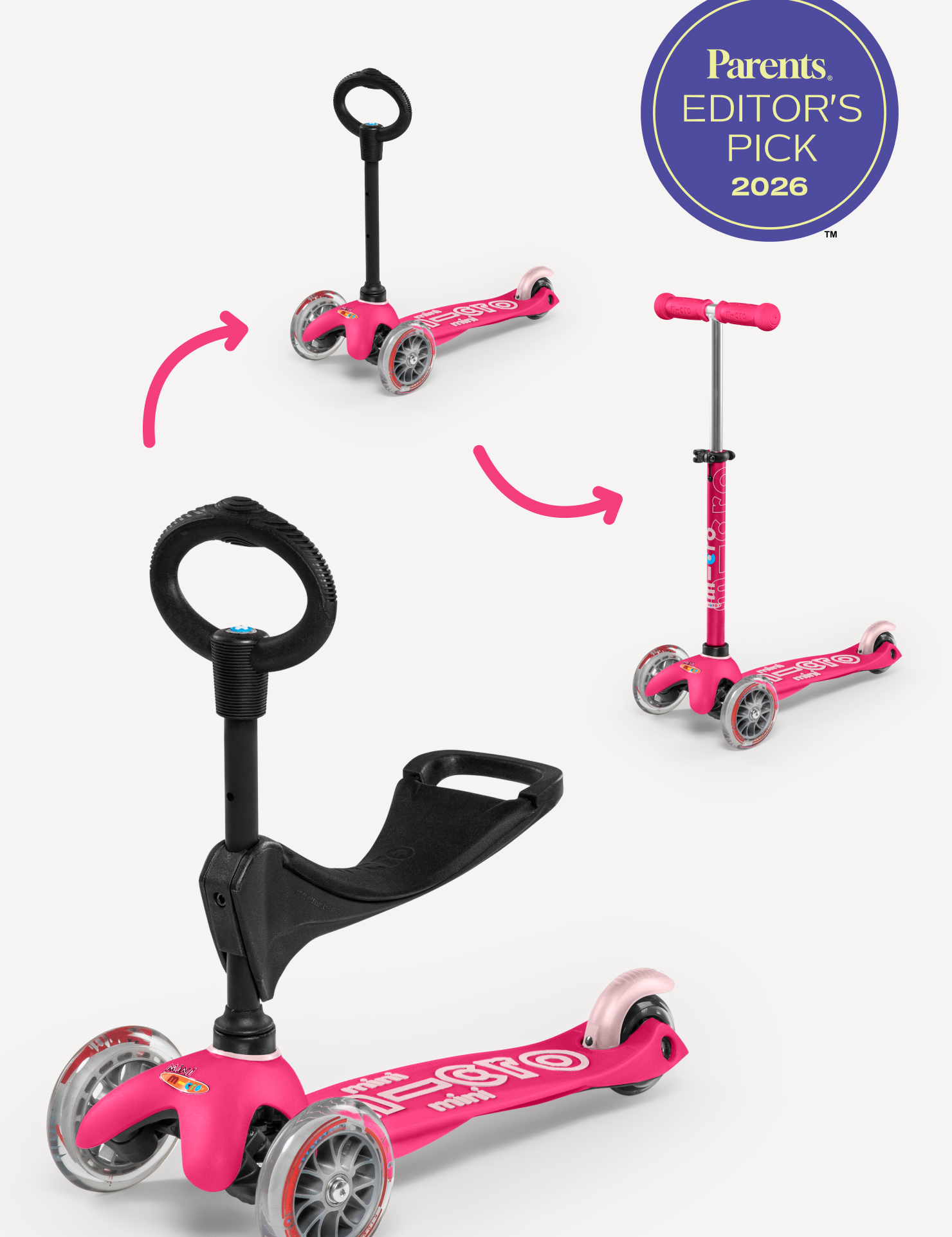 Pink scooter with seat attachment on a white background, featuring 'Parents Editor's Pick 2026' badge.