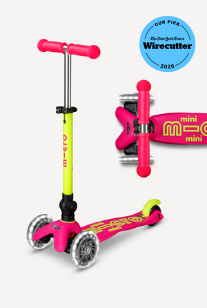 Pink and yellow mini foldable LED scooter, featuring Wirecutter's pick badge.