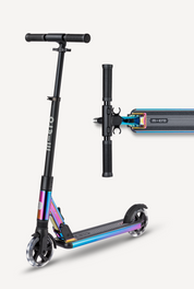 Black scooter with colorful accents on a white background