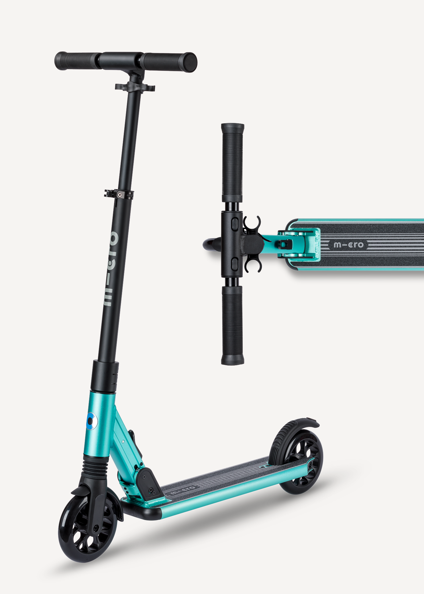 A metallic blue scooter shown on a clean light gray background, with a close-up inset of the handlebar and deck connection.