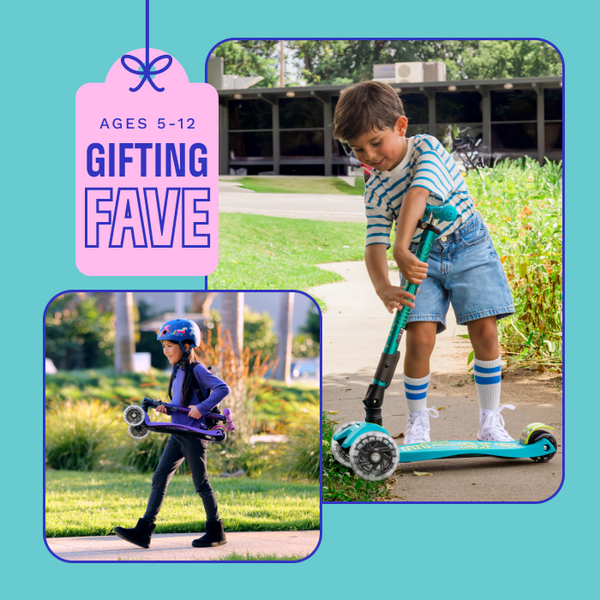 Collage of two kids with their Micro Maxi Foldable LED Scooters.