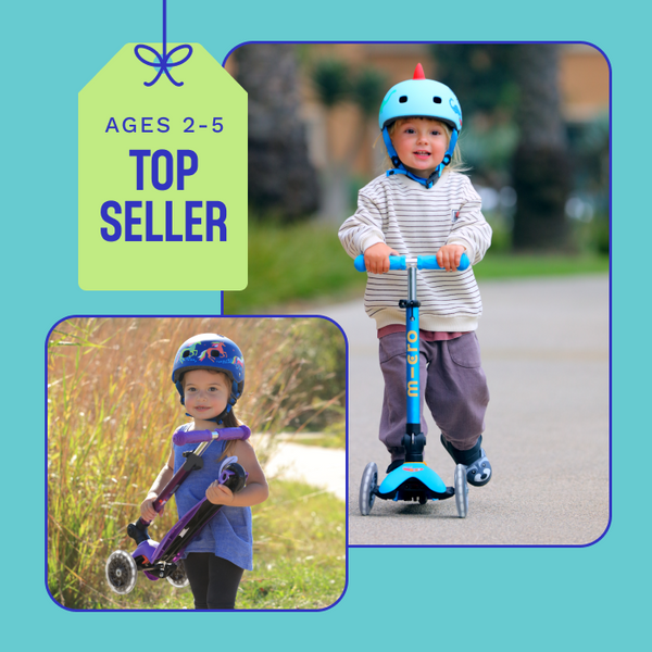 Collage of two children with the Micro Mini Foldable LED Scooter.