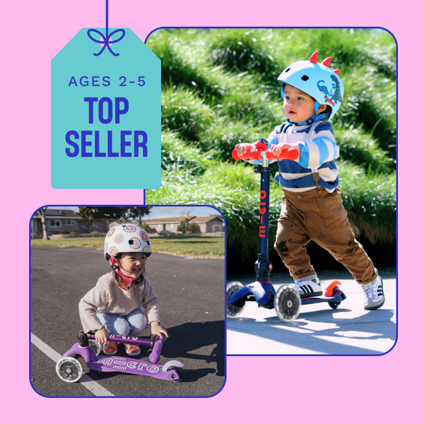 Collage of two young toddlers with the Micro Mini Foldable LED Scooter. 