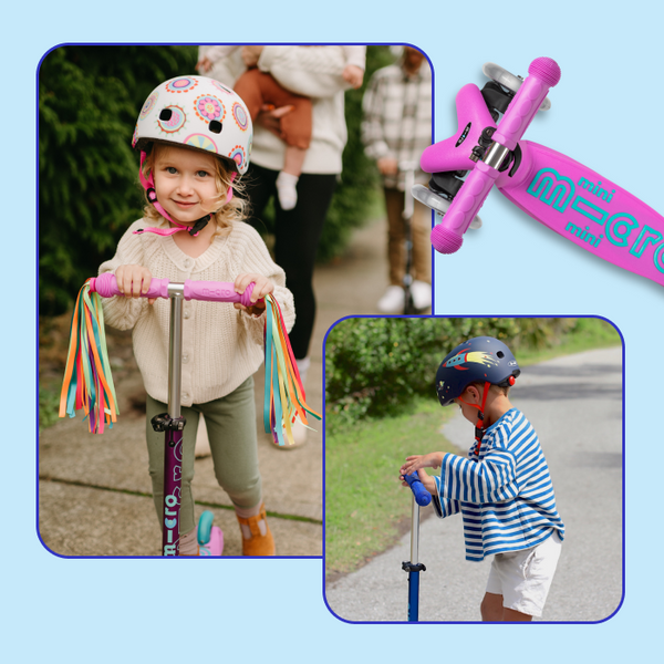 Collage of two children riding the Micro Mini Scooter.