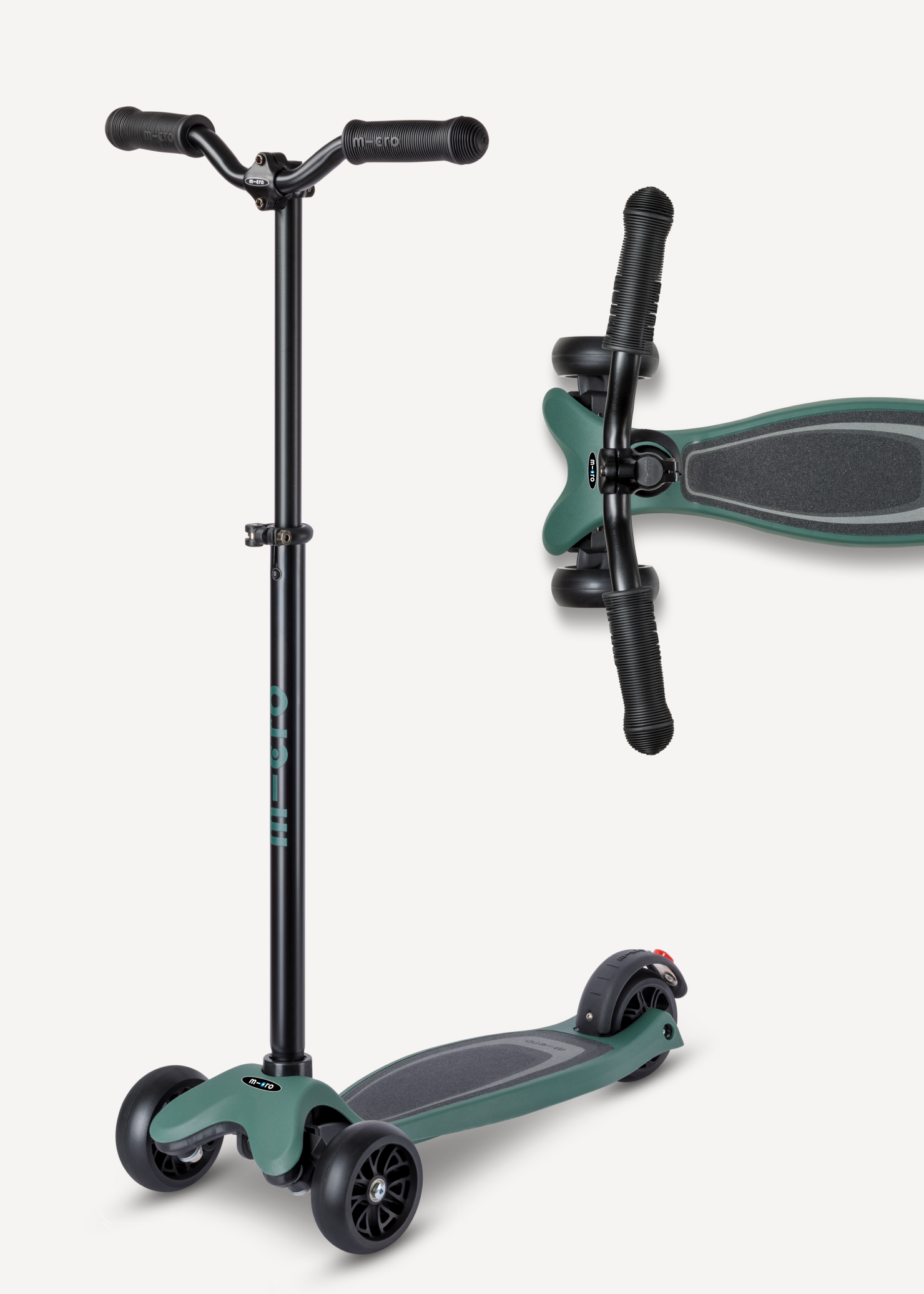 Olive green and black reloaded scooter side and top views.