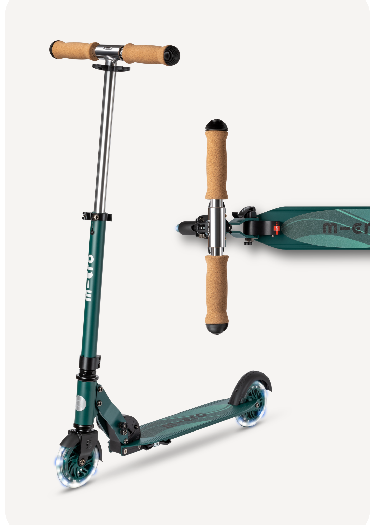 Micro Sprite LED ECO Scooter, front view and deck view