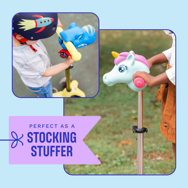 Collage of two kids posing with Micro ScootaHeadz on their Micro scooters. 