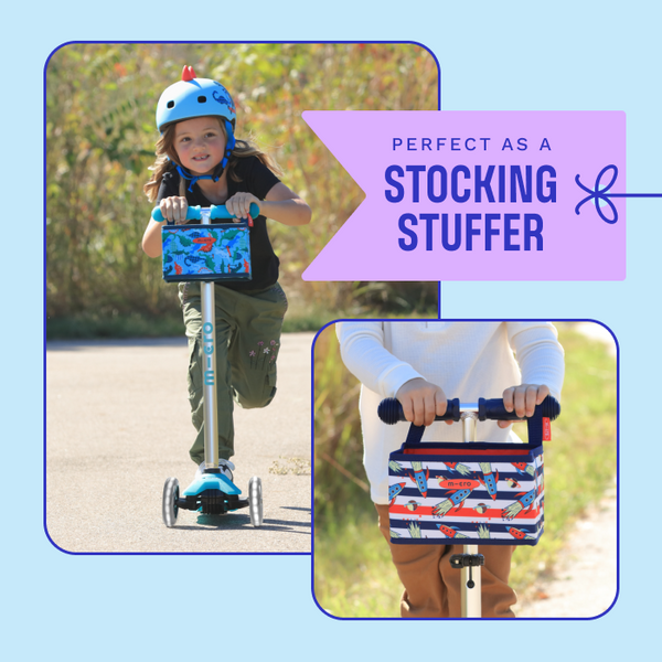 Collage of two kids scooting with their Micro Scooter Baskets attached to their Micro scooters. 