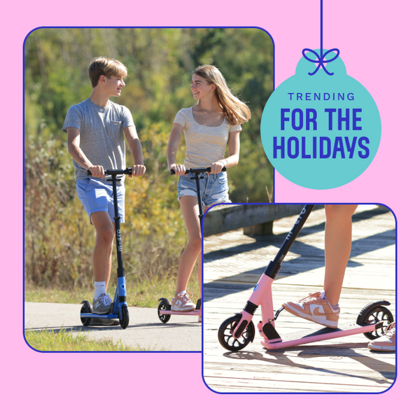 Collage of two teenagers posing with the Micro Sprite Suspension Scooters outside. 